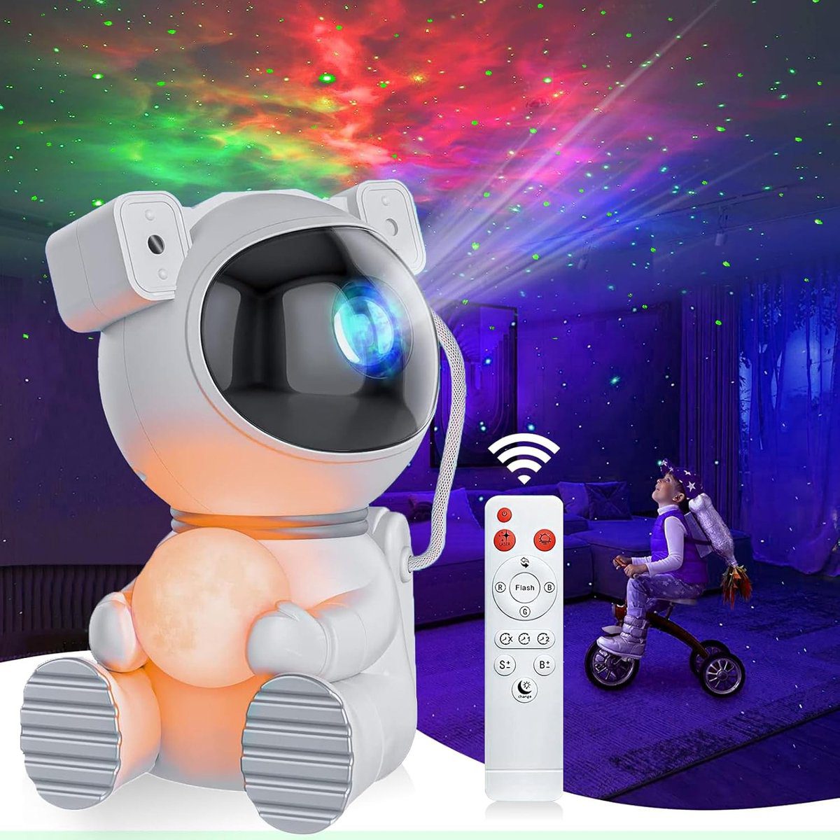 Moon astronaut projector holding its lit moon lamp