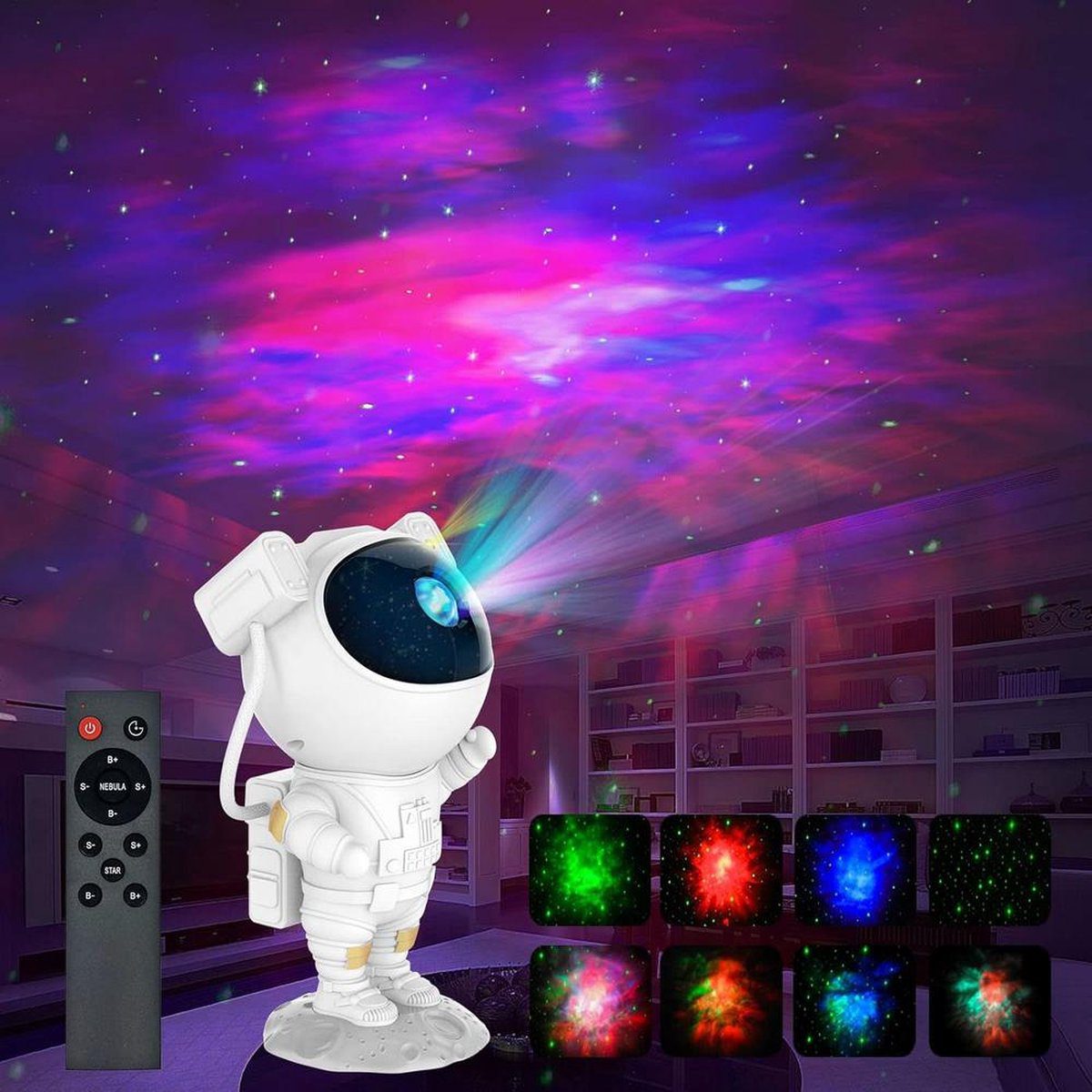 Astronaut projector with its wireless remote and colour modes