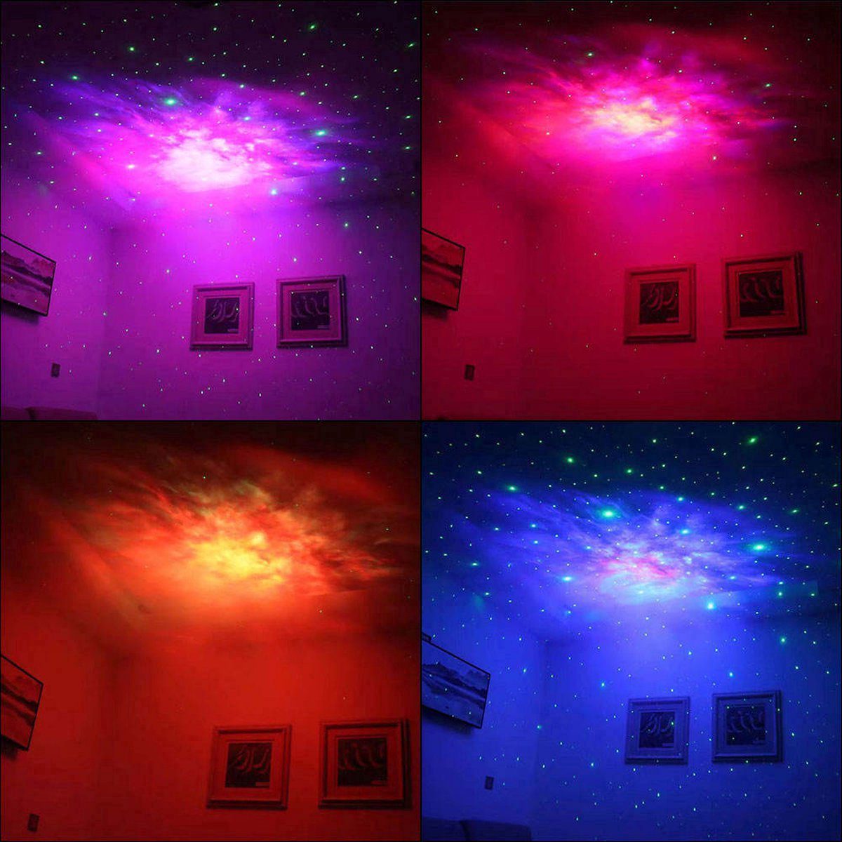 De sterrenprojector in vier van zijn kleurstanden door een kamer