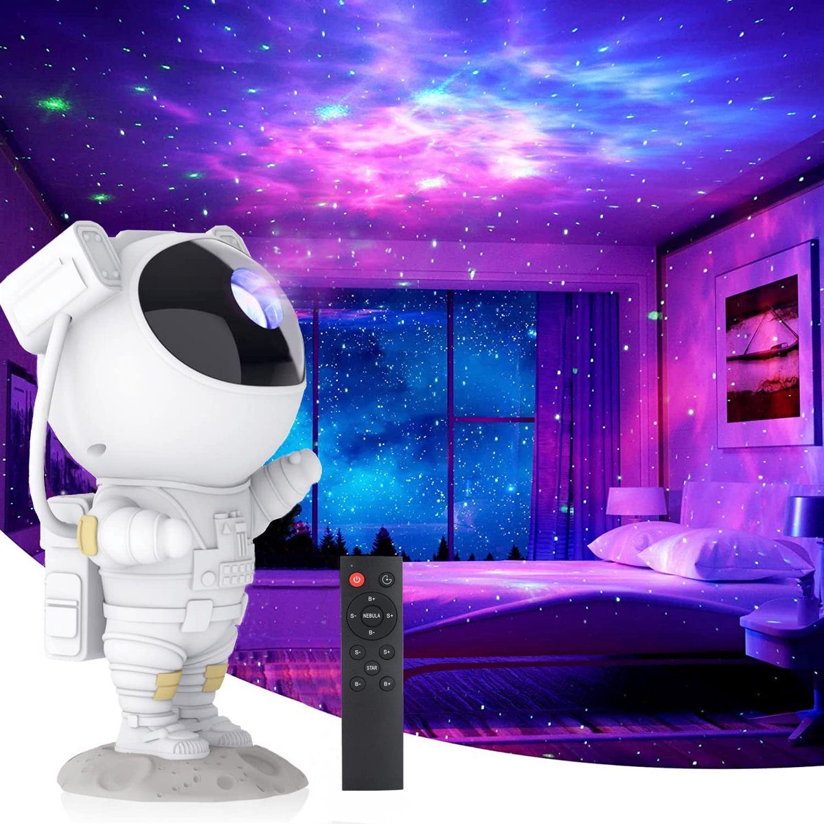 Astronaut sterrenprojector die een blauwe en paarse melkweg in een slaapkamer projecteert